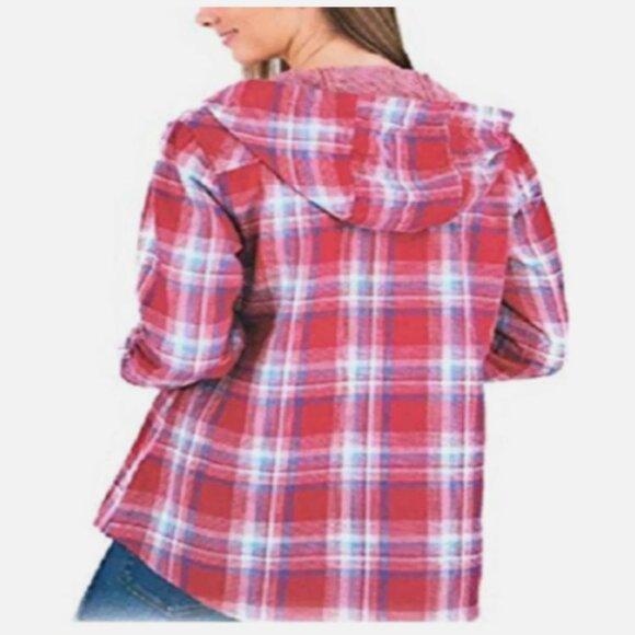 Boston Traders Hoodie Button Down Top Womens XL Plaid Roll Tab Sleeves DAMAGE - Picture 2 of 13